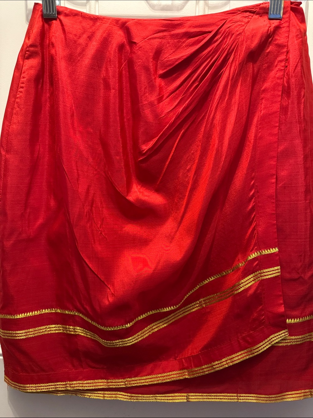 Red Midi Skirt with Gold Trim — Elegant Draped Style